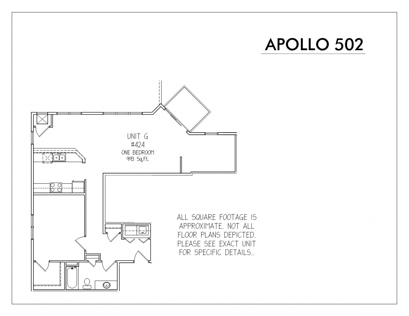 Floor plan for 1 bed, 1 bath, 993 sqft